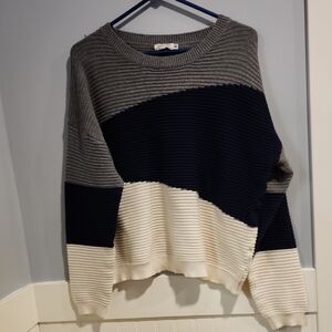 Chic Soul Tri-Tone Sweater - Gray, Navy, and Cream